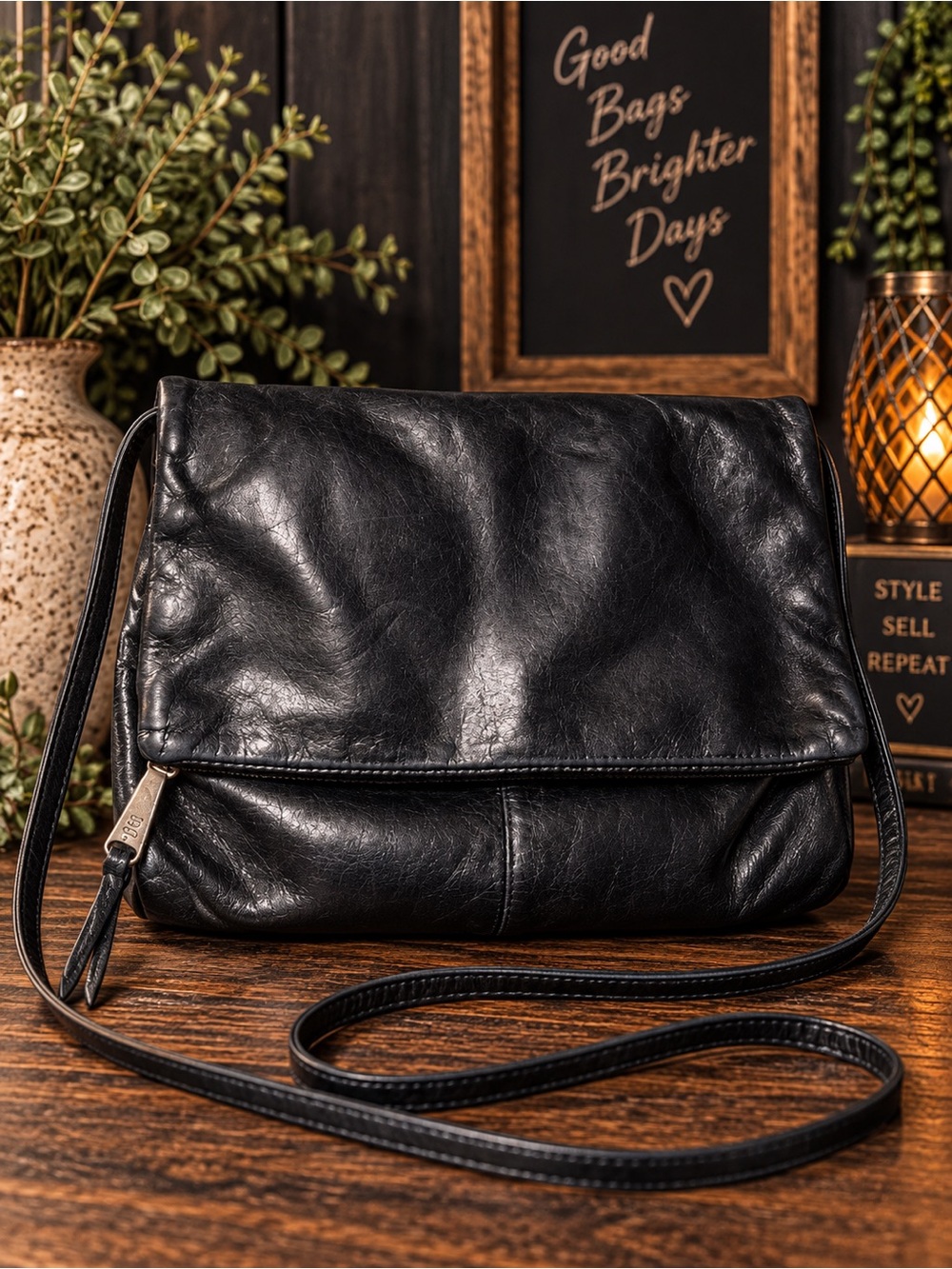 HOBO Black Leather Fold-Over Crossbody Bag